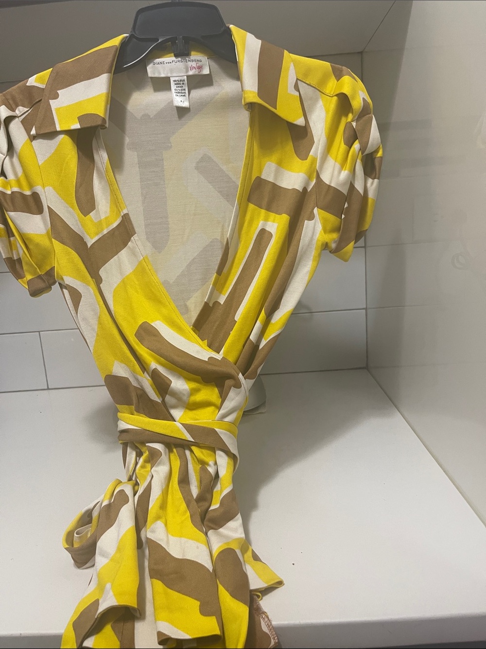Diane Von Furstenberg Yellow, Brown & Cream Wrap Dress